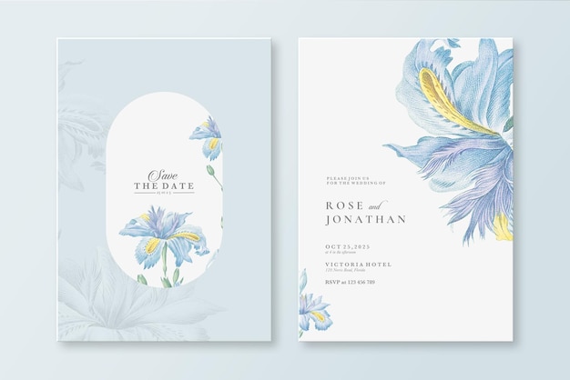 PSD modèle d'invitation de mariage vintage avec des iris bleus