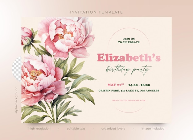 PSD modèle d'invitation psd mariage anniversaire aquarelle fleurs de pioie roses