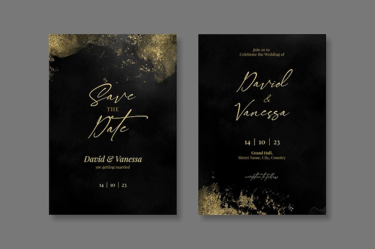 PSD modèle de jeu de cartes d'invitation de mariage noir et or