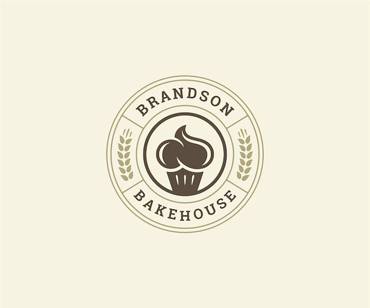 PSD modèle de logo d'un café de pâtisserie à cercle monochrome avec cupcake et vecteur de blé