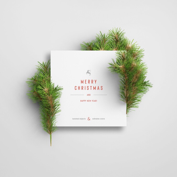 Modèle de maquette de carte de Noël carrée simple encadrée de branches de feuilles de pin ou de sapin