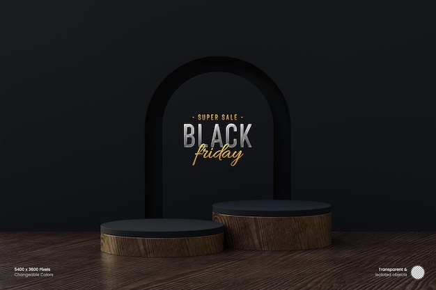 Modèle De Maquette De Podium En Bois 3d Du Vendredi Noir Pour L'affichage Du Produit Avec Une Arche Noire Sur Fond Sombre