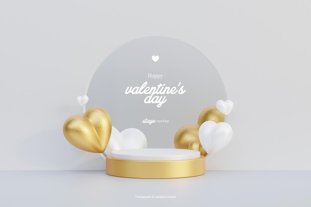 PSD modèle de maquette de podium en or blanc avec coeurs 3d valentine