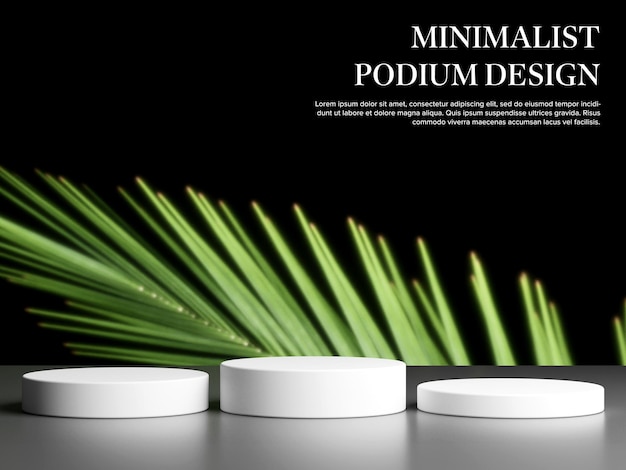 Modèle De Maquette De Rendu 3d D'un Podium Blanc Avec Une Feuille De Palmier En Fond Sombre