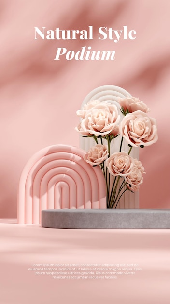 PSD modèle de maquette de rendu 3d podium de texture en béton en portrait avec rose rose et arche