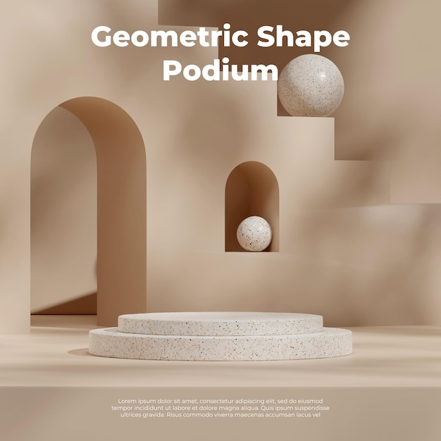 Modèle de maquette de rendu 3d de podium de texture de terrazzo dans un carré avec des escaliers en arc marron et une sphère