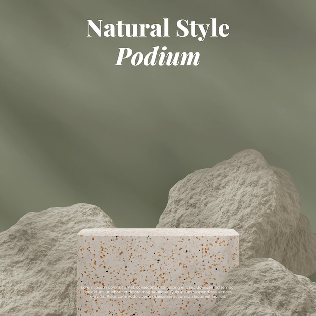 Modèle de maquette de rendu 3d de podium de texture de terrazzo naturel en carré avec roche vert sauge