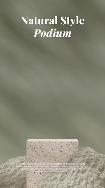 Modèle de maquette de rendu 3d de podium de texture de terrazzo naturel en portrait avec roche verte sauge