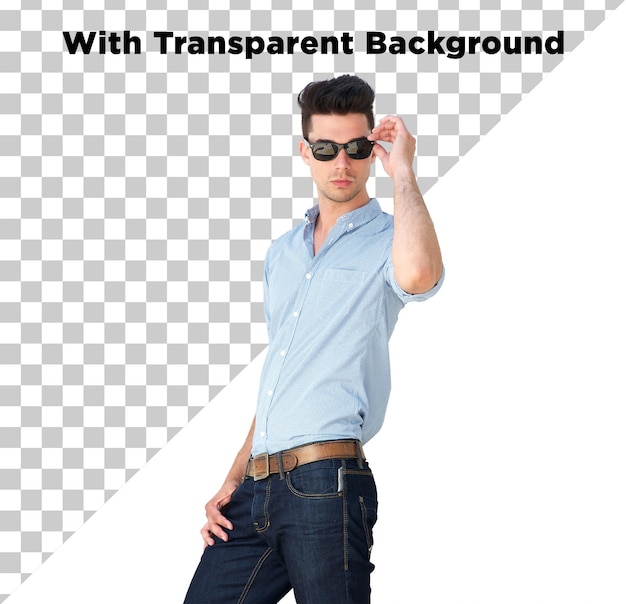 Modèle masculin à la mode posant avec des lunettes PNG PSD isolé sur un fond transparent