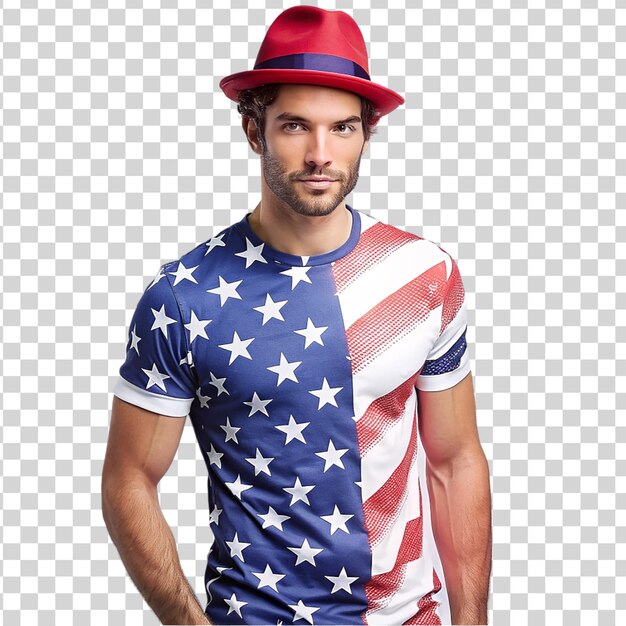 PSD modèle masculin portant des vêtements à thème patriotique sur un fond transparent