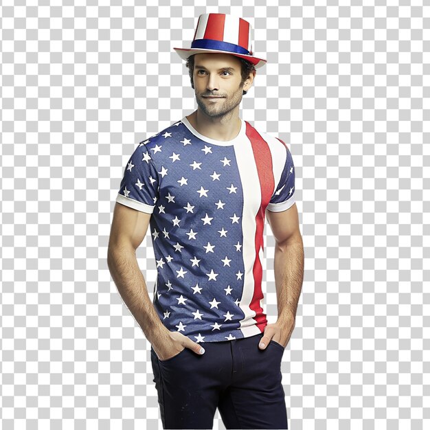 PSD modèle masculin portant des vêtements à thème patriotique sur un fond transparent