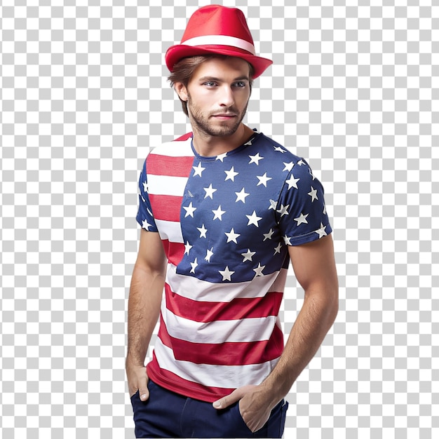 PSD modèle masculin portant des vêtements à thème patriotique sur un fond transparent