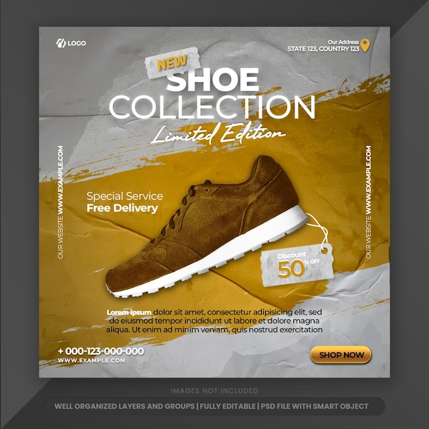 PSD modèle de médias sociaux de chaussure de poste commercial avec fond jaune et grunge