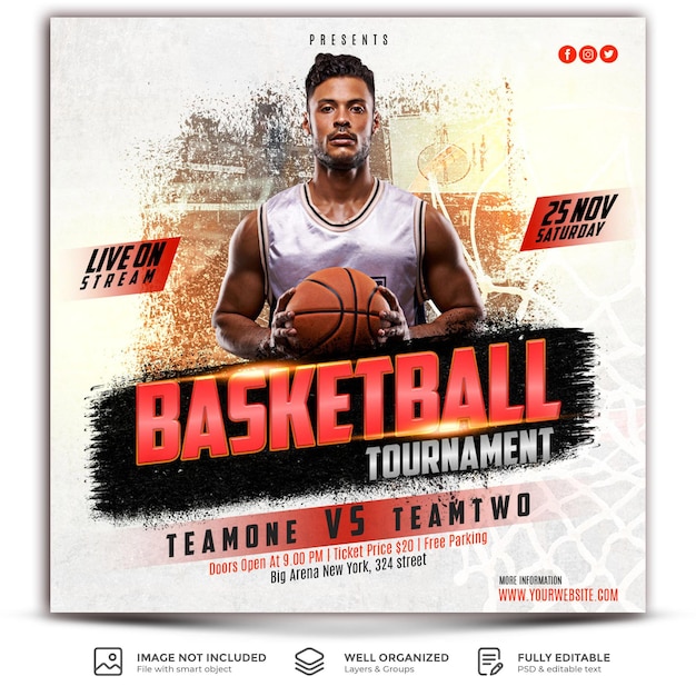 Modèle De Médias Sociaux De Flyer De Tournoi De Basket-ball