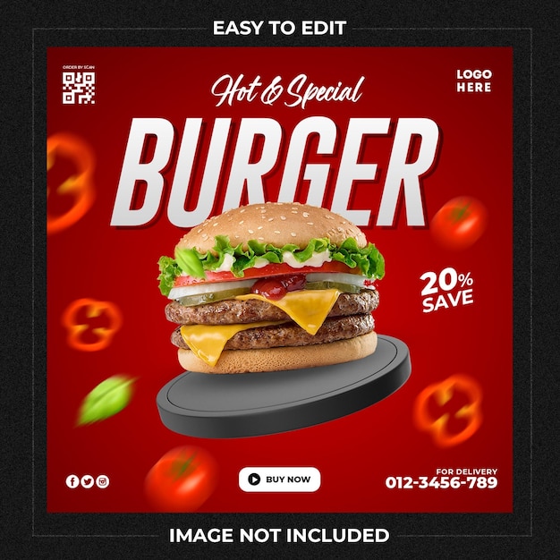 Modèle de médias sociaux de promotion de délicieux hamburgers