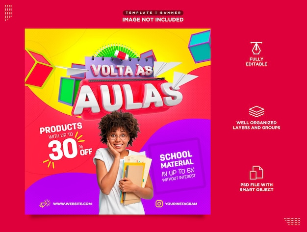Modèle de médias sociaux de retour à l'école en portugais pour la vente au détail