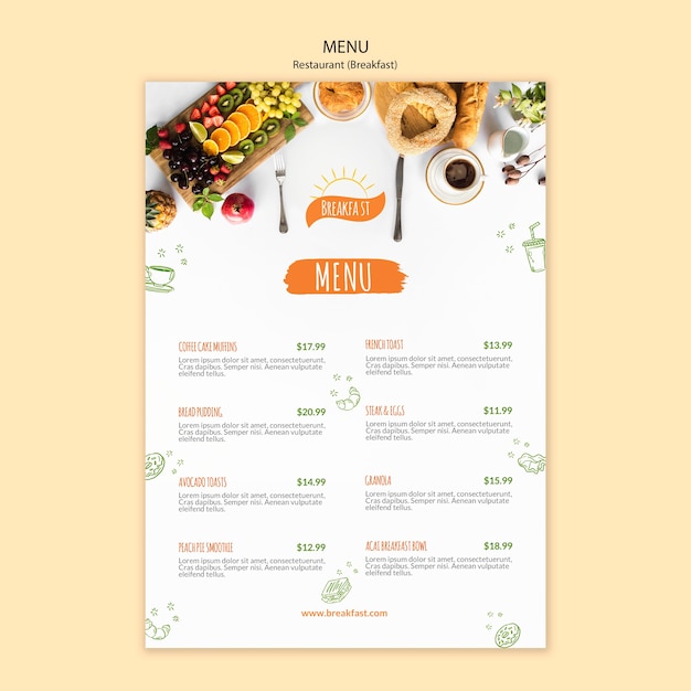 PSD modèle de menu de café et petit déjeuner délicieux