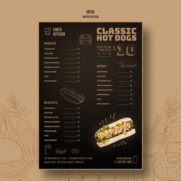 Modèle de menu de hot dogs classique américain