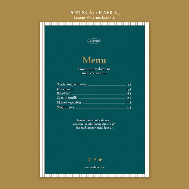 Modèle de menu de location de vacances de luxe