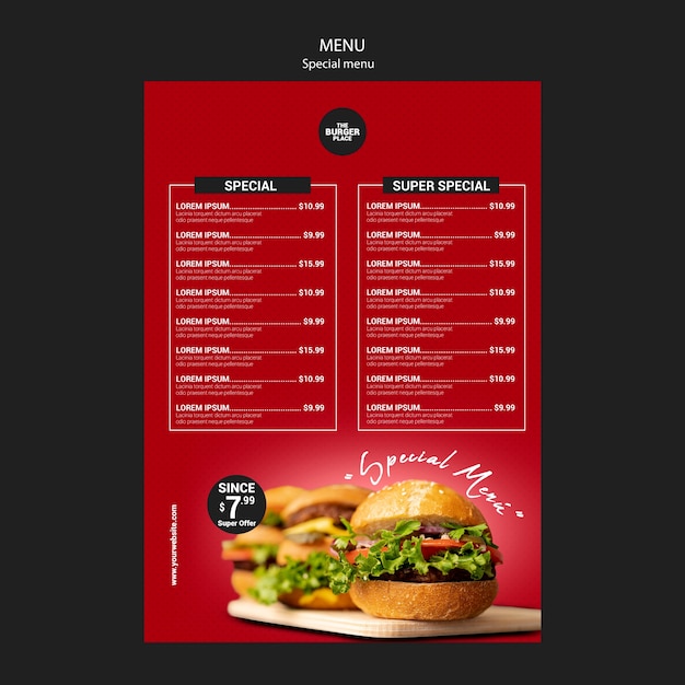Modèle de menu pour restaurant burger