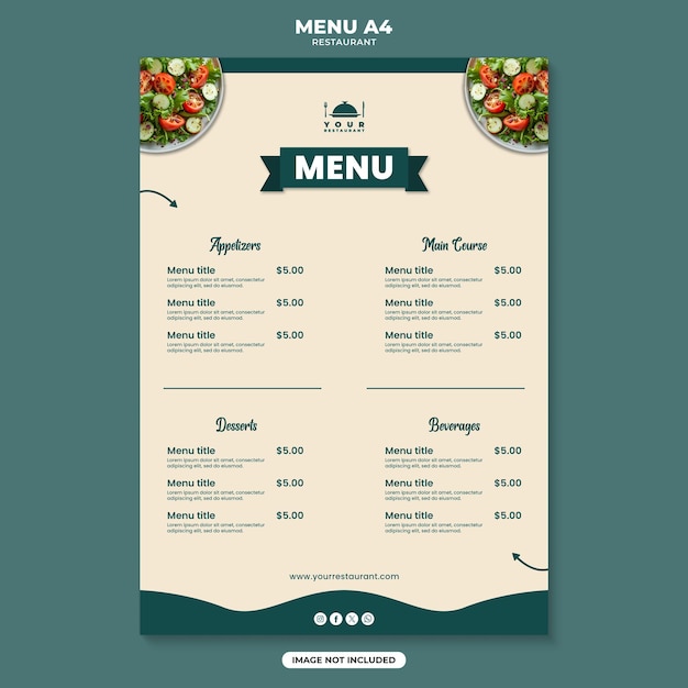 Modèle de menu de restaurant avec des apéritifs, des plats principaux, des desserts et des boissons