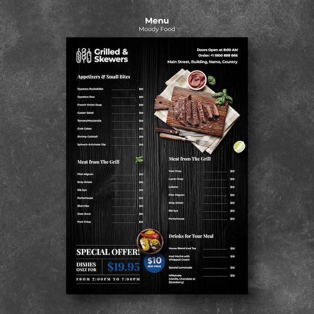 Modèle de menu de restaurant grillé et brochettes