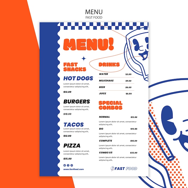 Modèle de menu de restauration rapide dessiné à la main