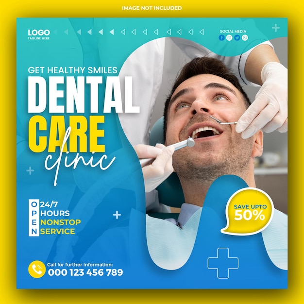 Modèle de message et de bannière sur les réseaux sociaux pour les dentistes et les soins de santé