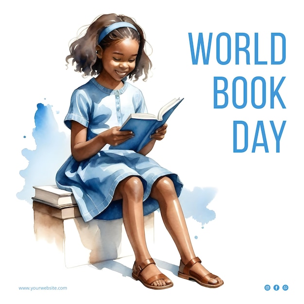 PSD modèle de message sur les réseaux sociaux pour la journée mondiale du livre avec une fille qui lit un livre