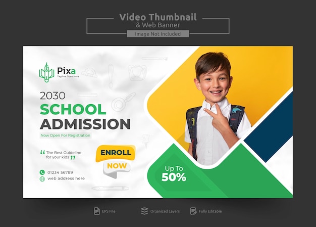 PSD modèle de miniature et de bannière web youtube pour l'admission à l'école