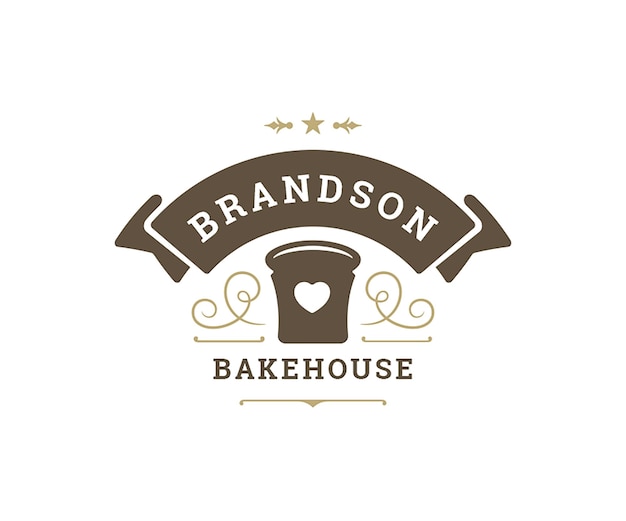 Modèle de modèle de logo de boulangerie minimaliste dessin de pâtisserie muffin forme de cœur ornement incurvé vecteur de ruban