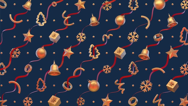 Modèle de Noël avec des icônes et des rubans 3d dorés Modèle isolé sur fond bleu