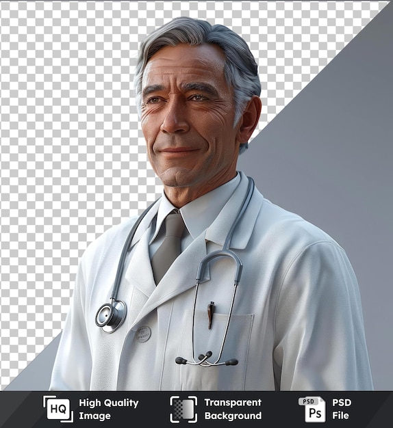 PSD modèle d'objet transparent d'un médecin souriant avec des cheveux gris, un gros nez et des yeux bruns