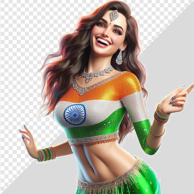 PSD un modèle oriental élégant souriant avec une tenue de drapeau indien secouant isolé sur un fond transparent
