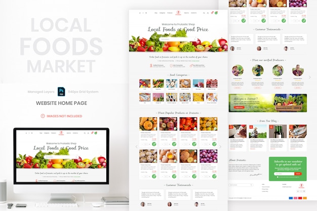 PSD modèle de page d'accueil de site web de marché alimentaire local