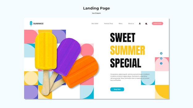 PSD modèle de page de destination de crème glacée
