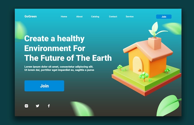 PSD modèle de page de destination du concept du jour de la terre avec un objet de maison respectueux de l'environnement