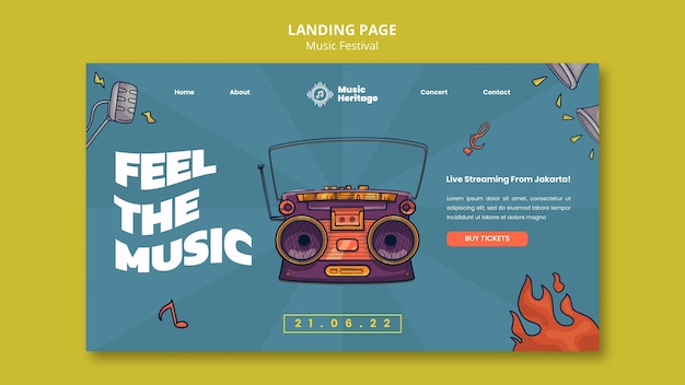 PSD modèle de page de destination du festival de musique avec radio dessinée à la main