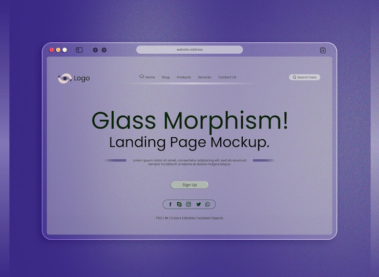 PSD modèle de page de destination d'entreprise maquette de présentation de couleur bleue avec effet de morphisme du verre