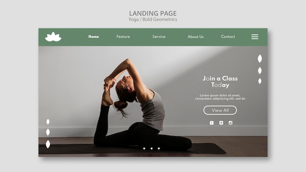 PSD modèle de page de destination avec une femme pratiquant le yoga