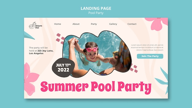 PSD modèle de page de destination de fête de piscine design plat