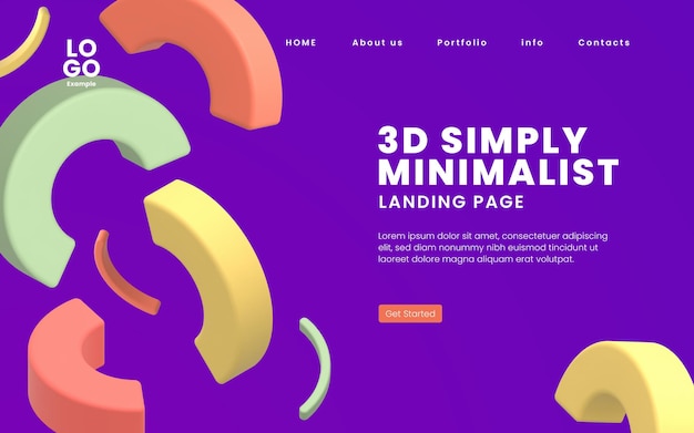 PSD modèle de page de destination avec des formes géométriques 3d simples et modernes sur fond violet