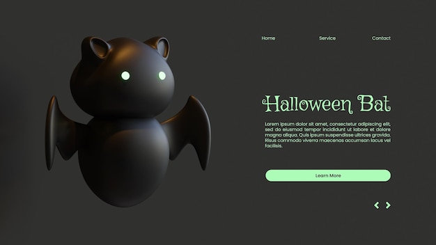 PSD modèle de page de destination halloween avec illustration de rendu 3d de chauve-souris
