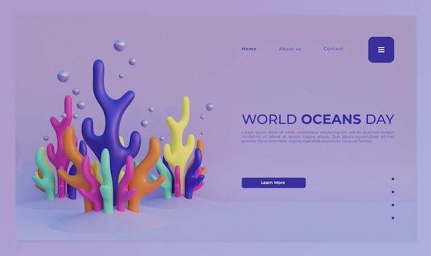 PSD modèle de page de destination de la journée mondiale des océans avec illustration de rendu 3d des récifs coralliens