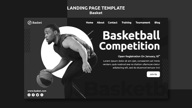 Modèle De Page De Destination En Noir Et Blanc Avec Un Athlète De Basket-ball Masculin