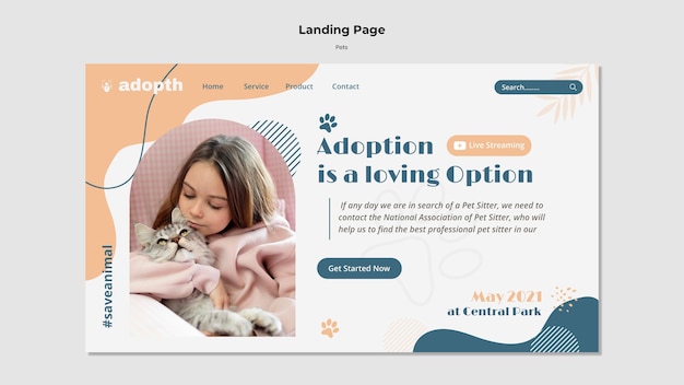 Modèle de page de destination pour l'adoption d'un animal de compagnie