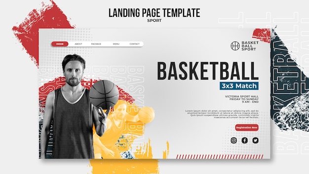 PSD modèle de page de destination pour le basket-ball avec un joueur masculin