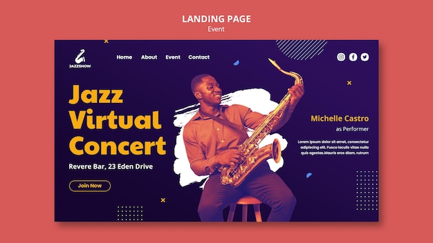 Modèle de page de destination pour un événement de musique jazz