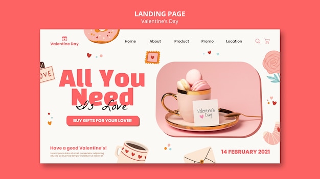 PSD modèle de page de destination pour la fête de la saint-valentin