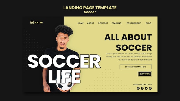 PSD modèle de page de destination pour le football avec un joueur masculin